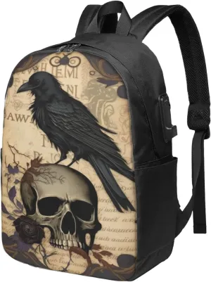 Edgar Allan Poe The Raven Skull Laptop Backpack, Travel Backpack with USB Charging Port, Computer Bag for Men Women