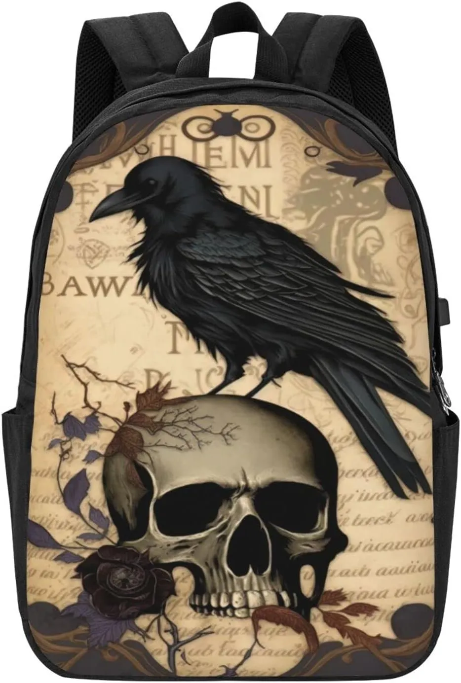 Edgar Allan Poe The Raven Skull Laptop Backpack, Travel Backpack with USB Charging Port, Computer Bag for Men Women