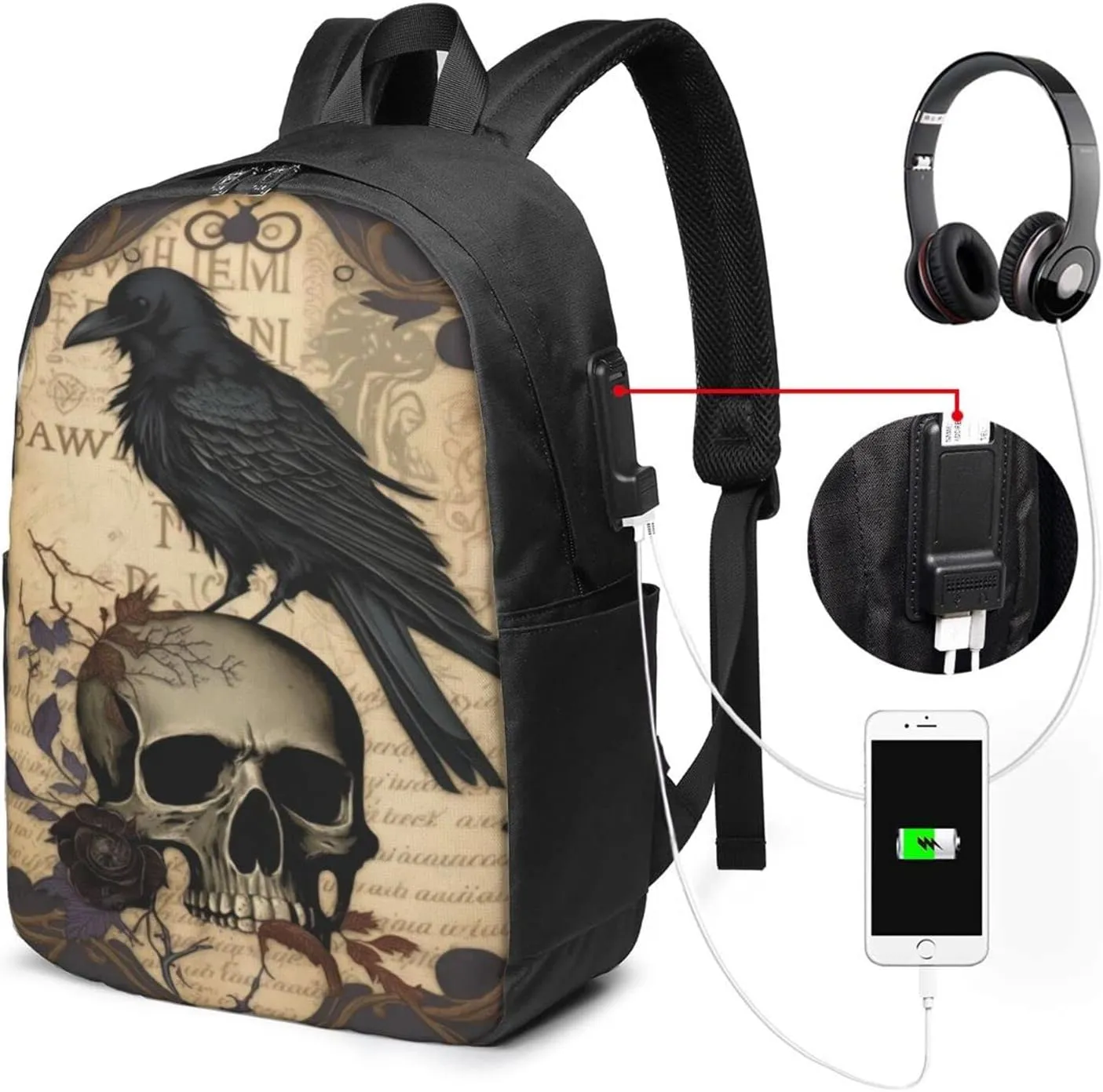 Edgar Allan Poe The Raven Skull Laptop Backpack, Travel Backpack with USB Charging Port, Computer Bag for Men Women