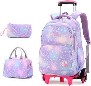 EKUIZAI 3PCS Colorful Heart Print Trolley Backpack Sets Elementary School Students Rolling Bookbag Cute Girls Backpack with Wheels