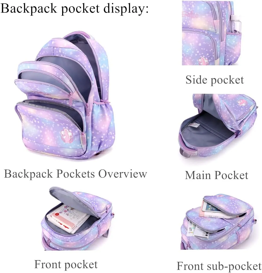 EKUIZAI 3PCS Colorful Heart Print Trolley Backpack Sets Elementary School Students Rolling Bookbag Cute Girls Backpack with Wheels