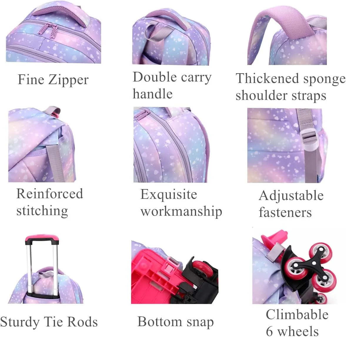 EKUIZAI 3PCS Colorful Heart Print Trolley Backpack Sets Elementary School Students Rolling Bookbag Cute Girls Backpack with Wheels