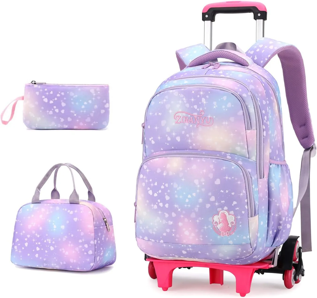EKUIZAI 3PCS Colorful Heart Print Trolley Backpack Sets Elementary School Students Rolling Bookbag Cute Girls Backpack with Wheels