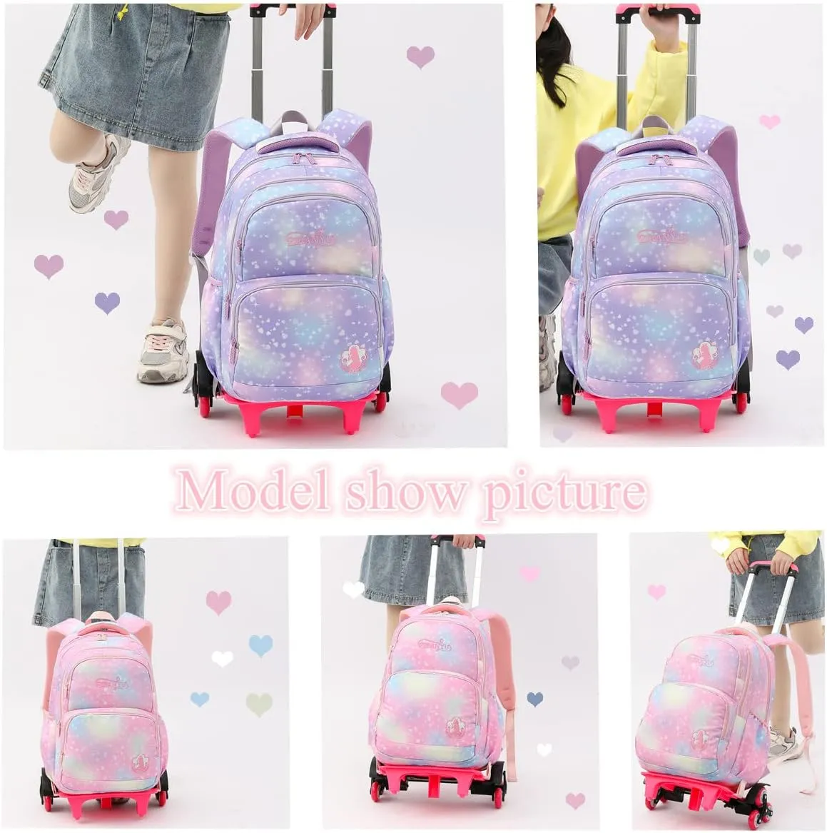EKUIZAI 3PCS Colorful Heart Print Trolley Backpack Sets Elementary School Students Rolling Bookbag Cute Girls Backpack with Wheels
