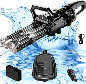 Electric Double Barrel Gatling Water Gun, Can Emit Light,Rechargeable Module Battery Included, Comes Large Capacity Backpack (Black)