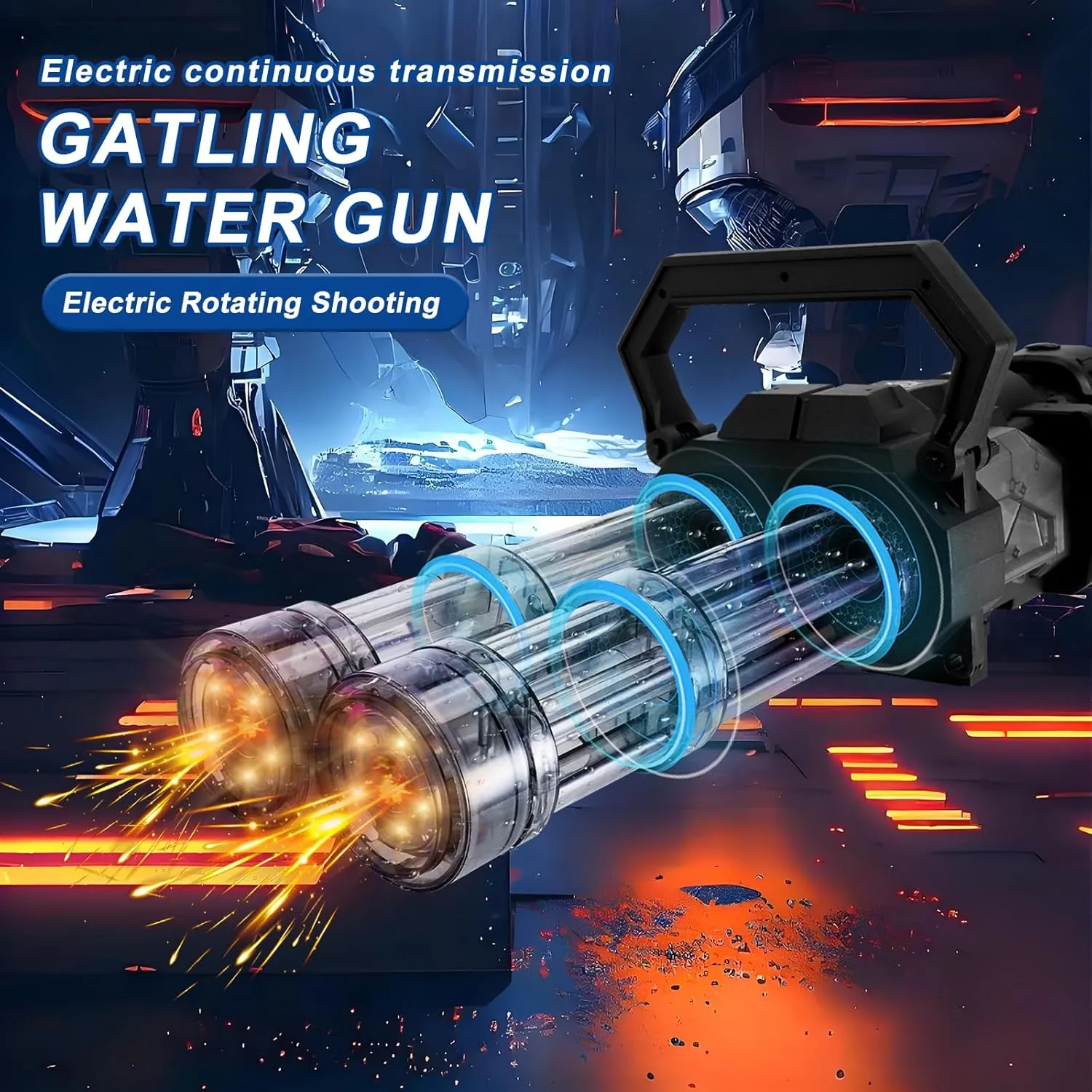 Electric Gatling Water Gun with Cool Light, Rechargeable Battery Module, Large Capacity Backpack, 26-28 Feet Long Range Automatic Water Blaster. (Transparent Black)