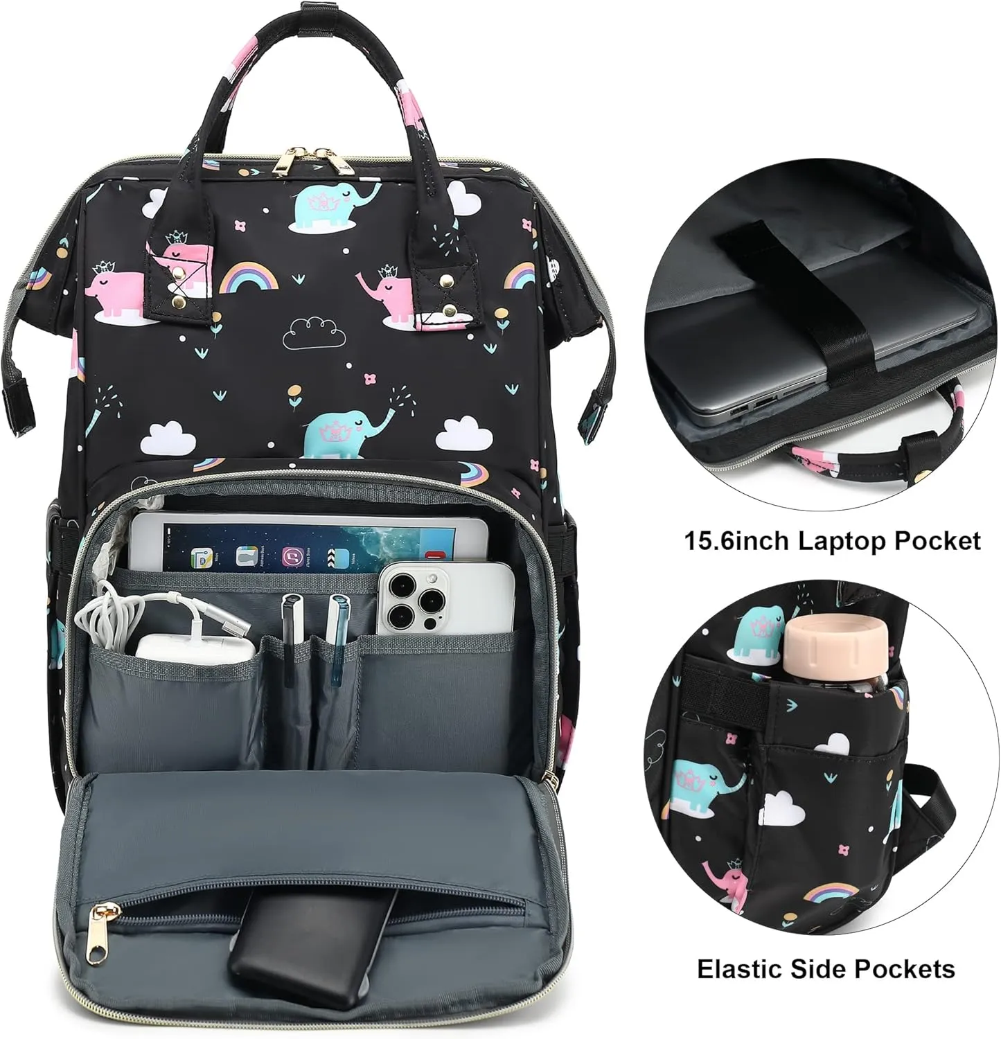 Elephant Laptop Backpack for Women Men, 15.6 inch College School Backpack Bookbag for Work/School/Travel/Business (Black)