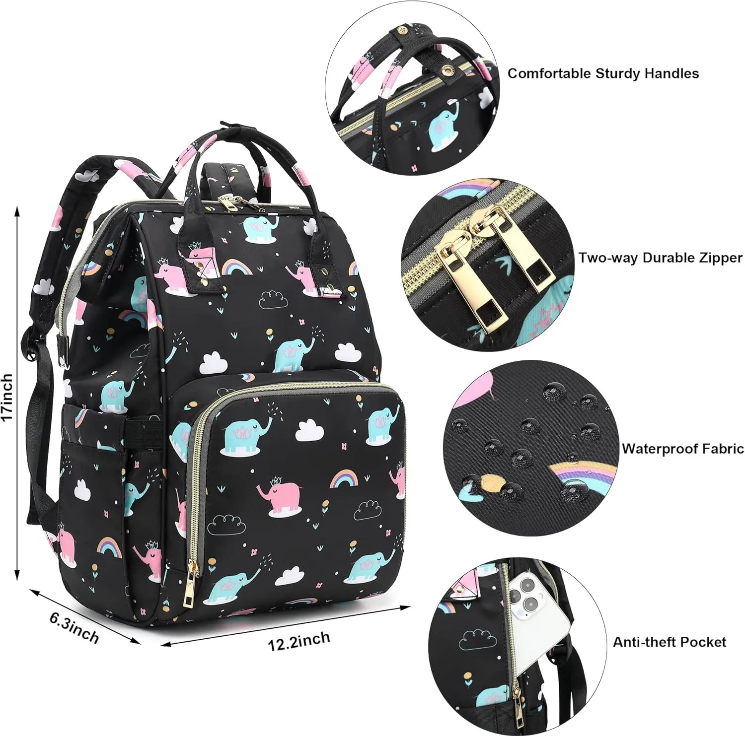 Elephant Laptop Backpack for Women Men, 15.6 inch College School Backpack Bookbag for Work/School/Travel/Business (Black)