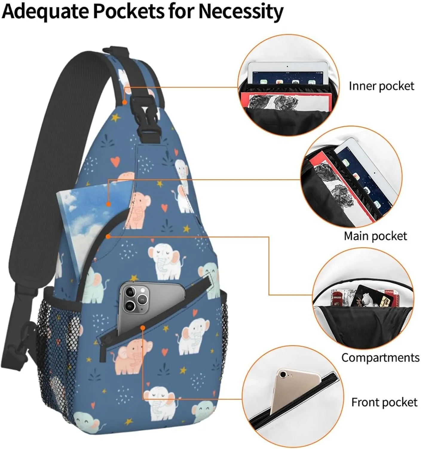Elephant Shoulder Bag Animal Sling Backpack Daypack Casual Backpack Hiking Bag Cute Backpack Bag