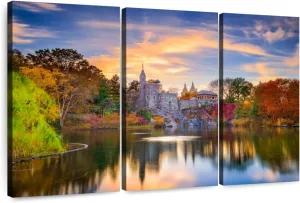 Elephant Stock - Belvedere Castle Autumn Wall Art - Horizontal Multi Panel Canvas - 3 Piece Living Room Wall Decor - Photography Places Multi Piece Wall Art - Brown And Green Decor - 38" x 24"