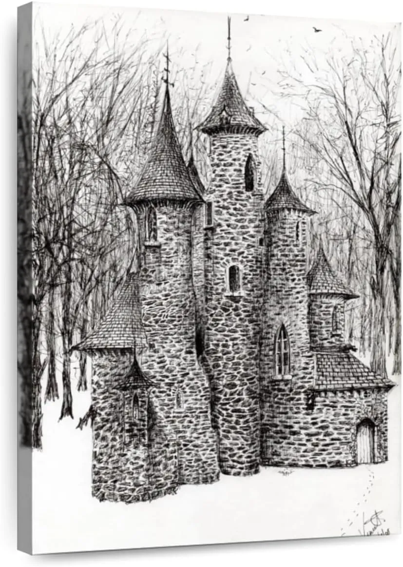 Elephant Stock - Gatehouse Of The Castle In Forest Of Findhorn Wall Art - Vertical Canvas Wall Art - Living Room Wall Decor - Drawing Castles Canvas Art - White And Gray Decor by Vincent Alexander Booth - 24" x 36"