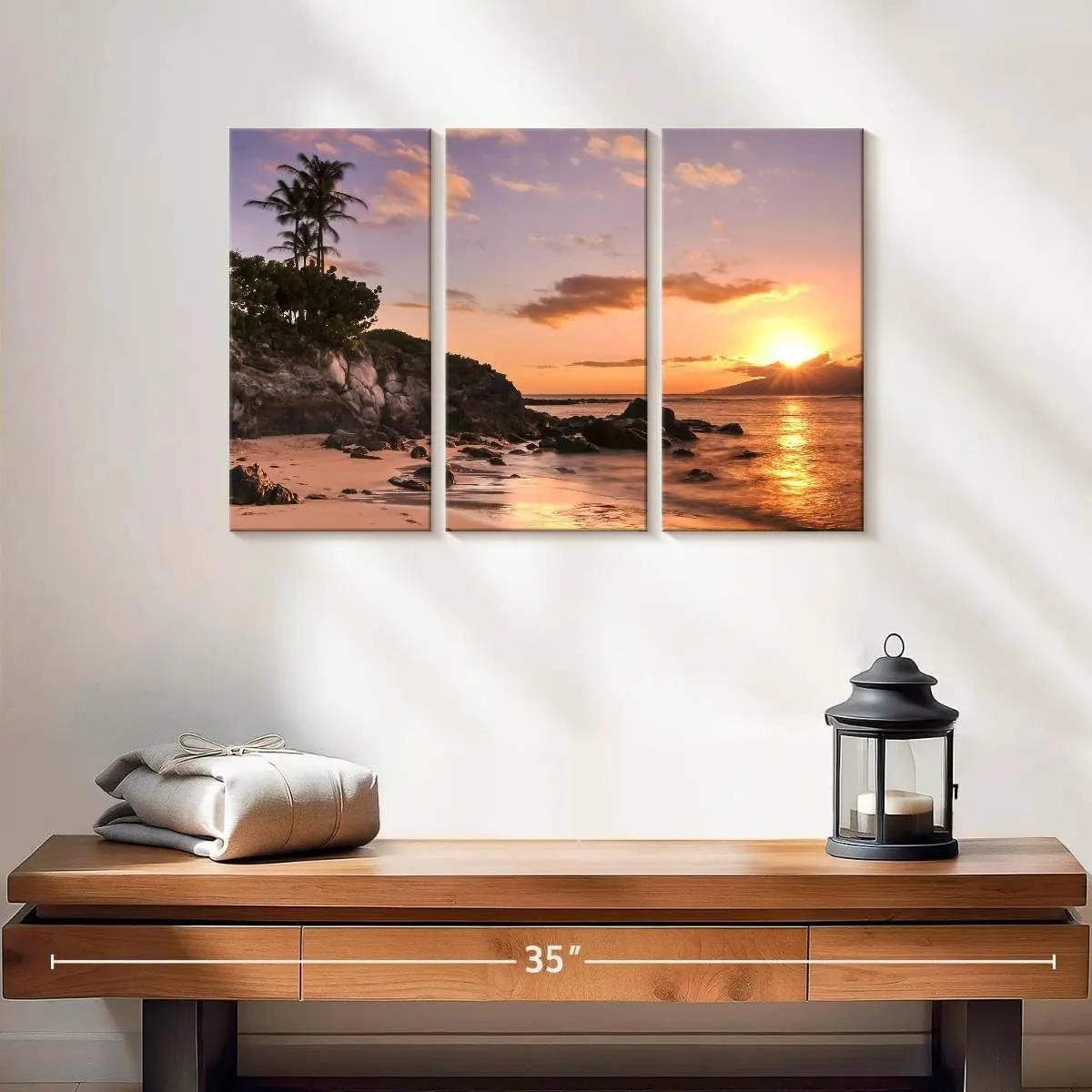 Elephant Stock - Kapalua Beach Sunset Wall Art - Horizontal Multi Panel Canvas - 3 Piece Living Room Wall Decor - Photography Beach Multi Piece Wall Art - Orange And Brown Decor - 23" x 14"