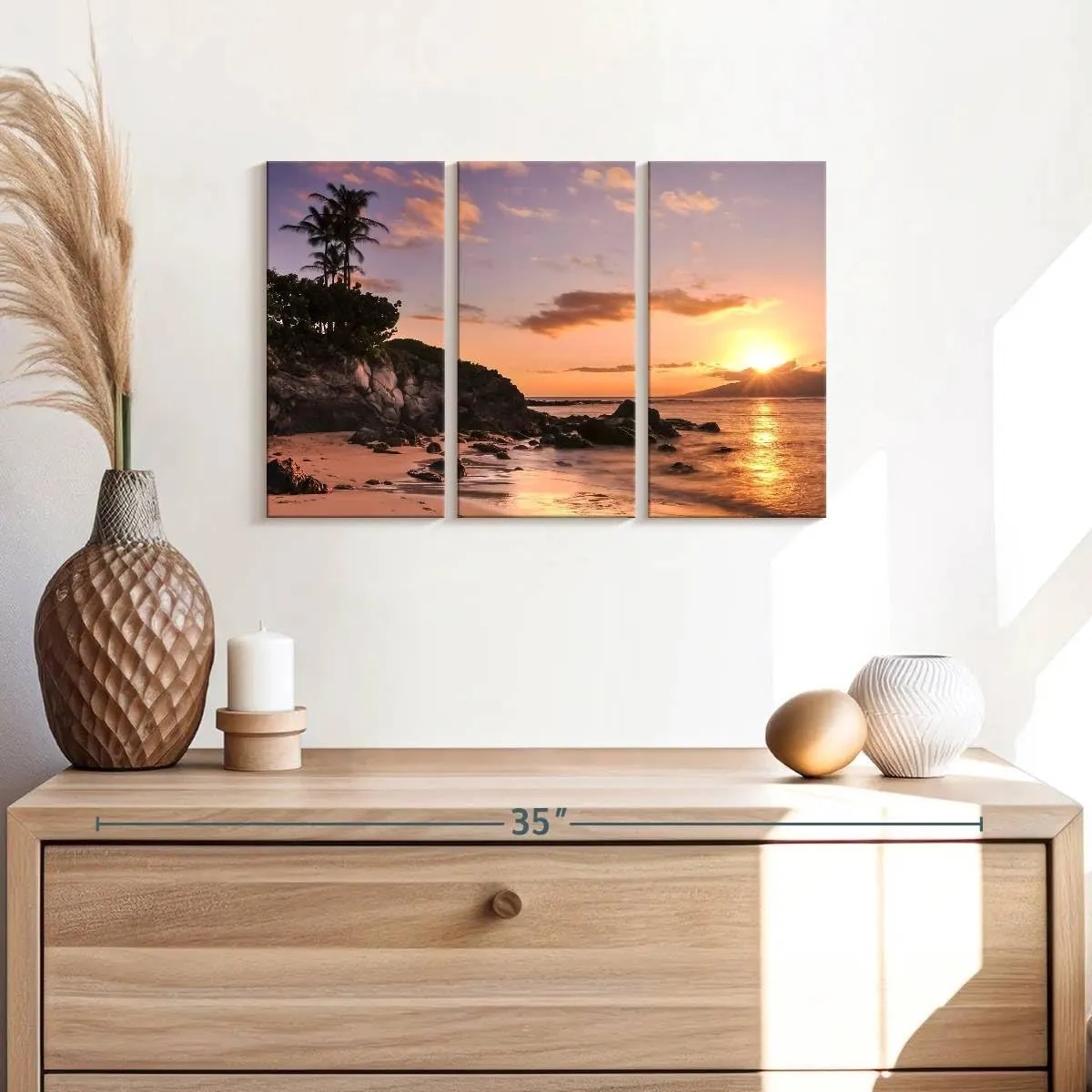 Elephant Stock - Kapalua Beach Sunset Wall Art - Horizontal Multi Panel Canvas - 3 Piece Living Room Wall Decor - Photography Beach Multi Piece Wall Art - Orange And Brown Decor - 23" x 14"