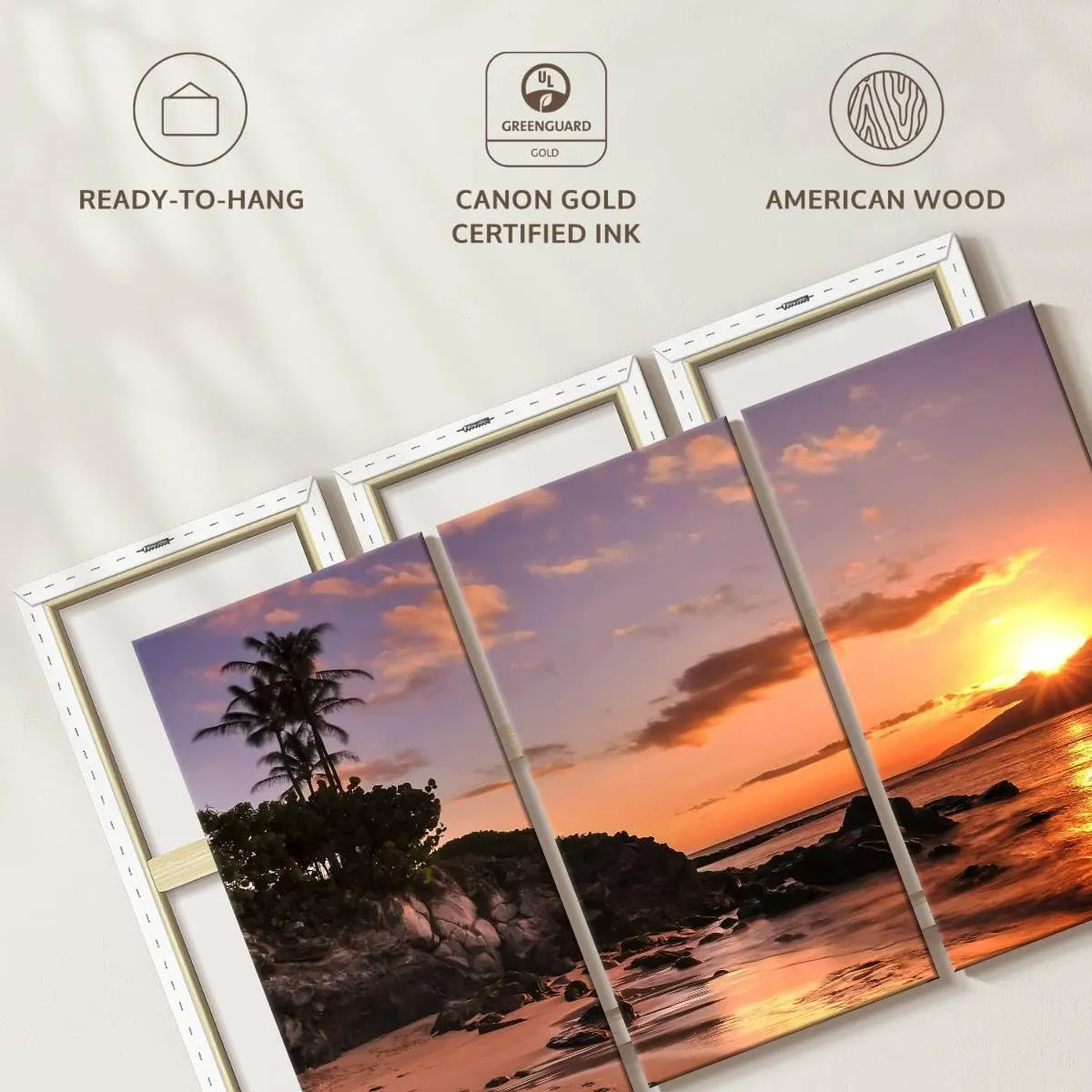 Elephant Stock - Kapalua Beach Sunset Wall Art - Horizontal Multi Panel Canvas - 3 Piece Living Room Wall Decor - Photography Beach Multi Piece Wall Art - Orange And Brown Decor - 23" x 14"
