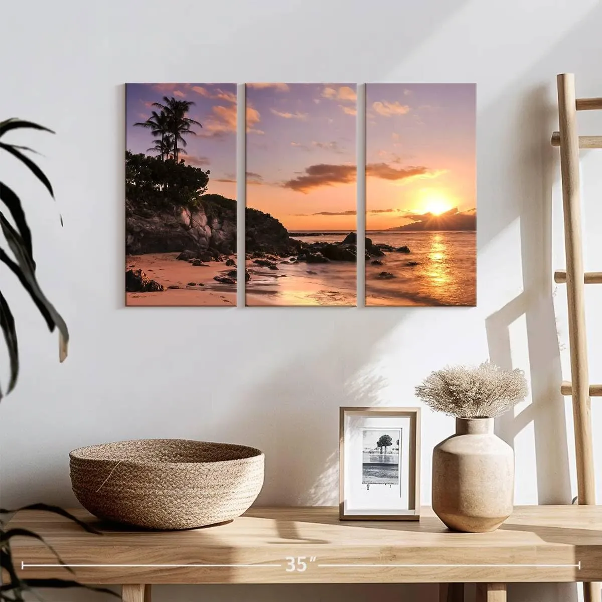 Elephant Stock - Kapalua Beach Sunset Wall Art - Horizontal Multi Panel Canvas - 3 Piece Living Room Wall Decor - Photography Beach Multi Piece Wall Art - Orange And Brown Decor - 23" x 14"