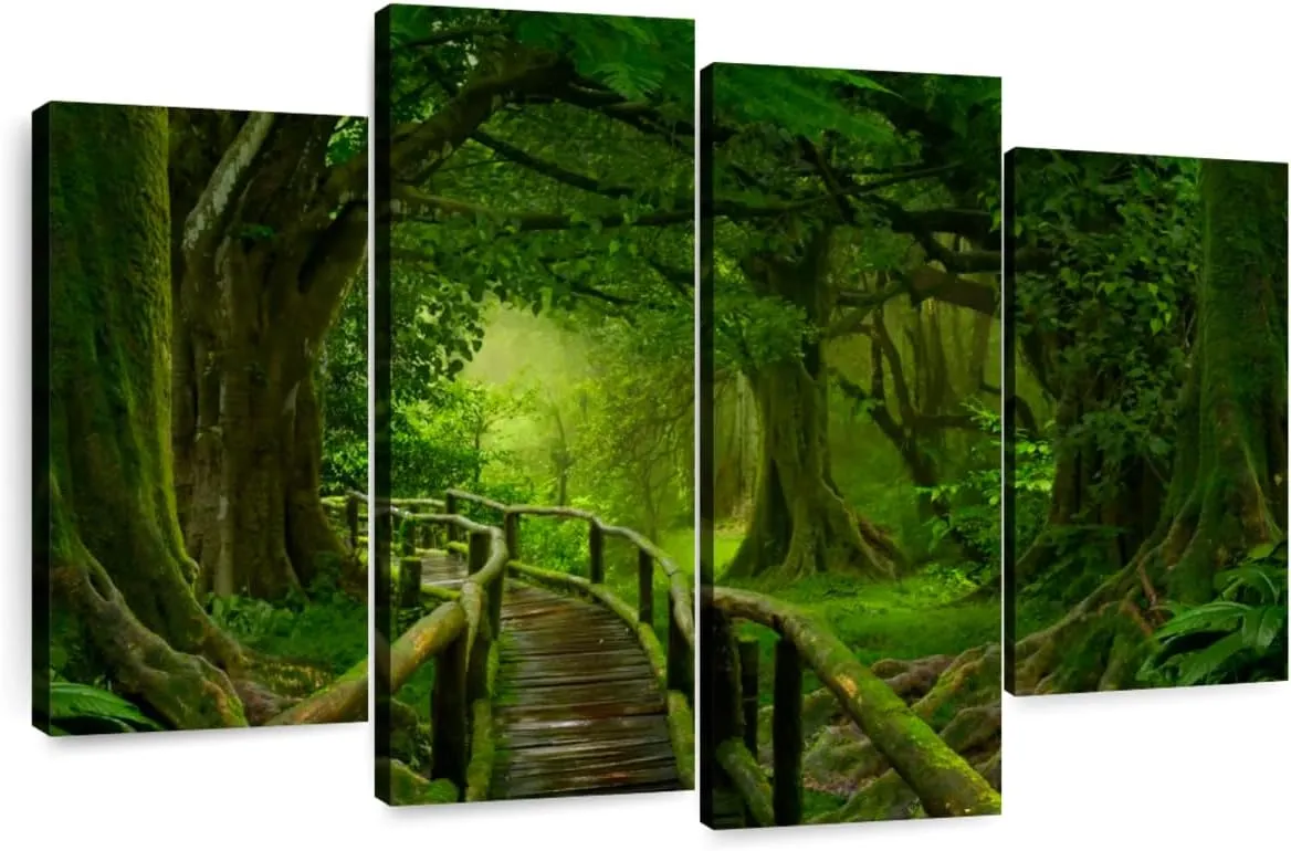 Elephant Stock - Mossy Tropical Jungle Trail Wall Art - Horizontal Multi Panel Canvas - 4 Piece Living Room Wall Decor - Photography Nature Multi Piece Wall Art - Green And Brown Decor - 30" x 18"
