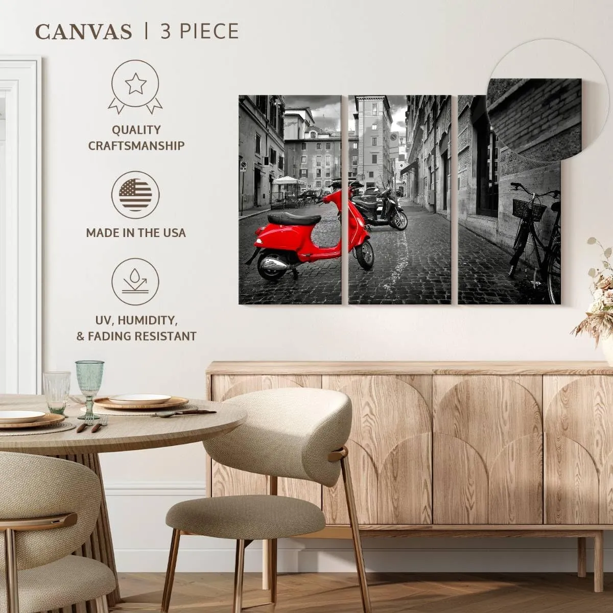 Elephant Stock - Red Vespa Pop Wall Art - Horizontal Multi Panel Canvas - 3 Piece Living Room Wall Decor - Photography City Multi Piece Wall Art - Red And Black Decor - 50" x 32"