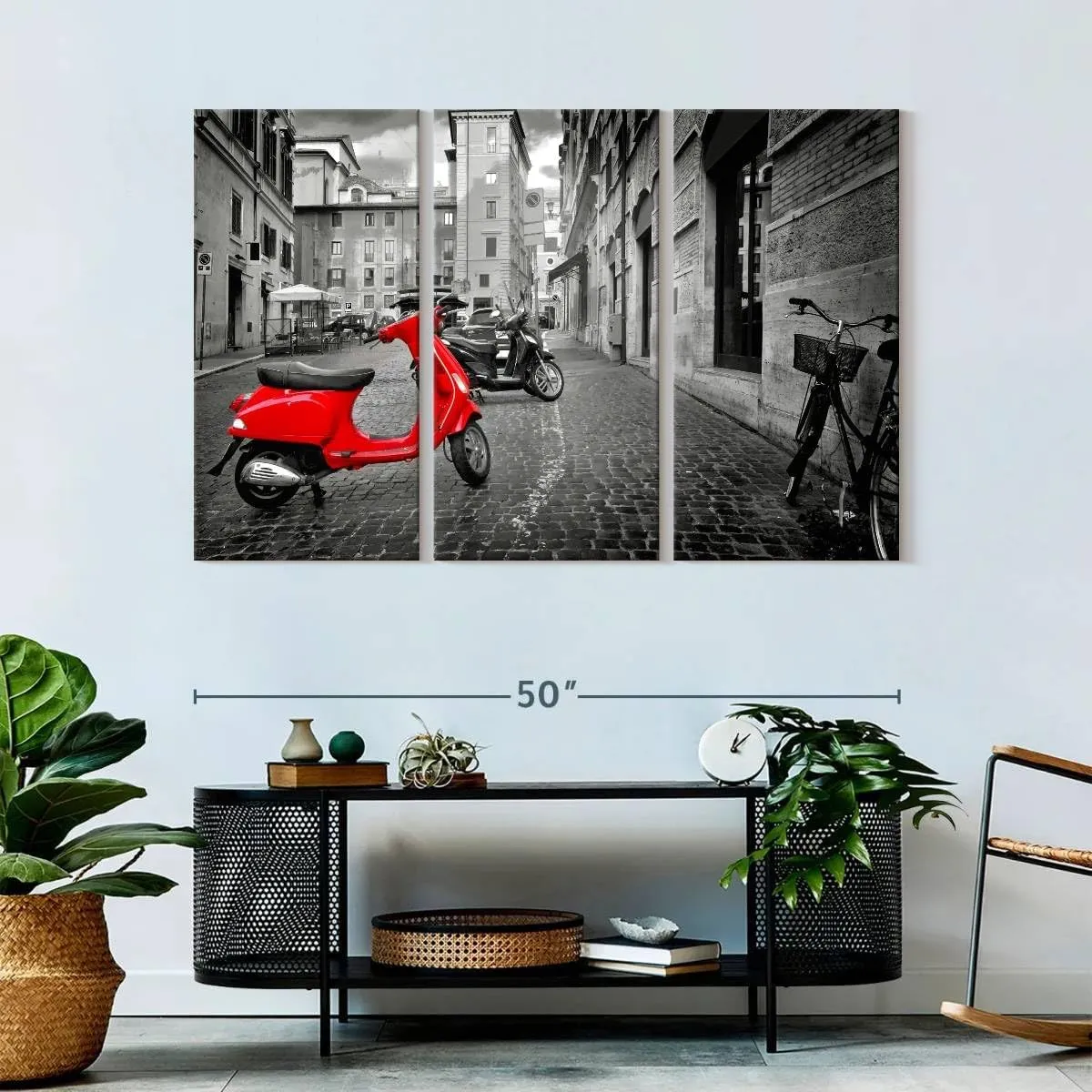 Elephant Stock - Red Vespa Pop Wall Art - Horizontal Multi Panel Canvas - 3 Piece Living Room Wall Decor - Photography City Multi Piece Wall Art - Red And Black Decor - 50" x 32"