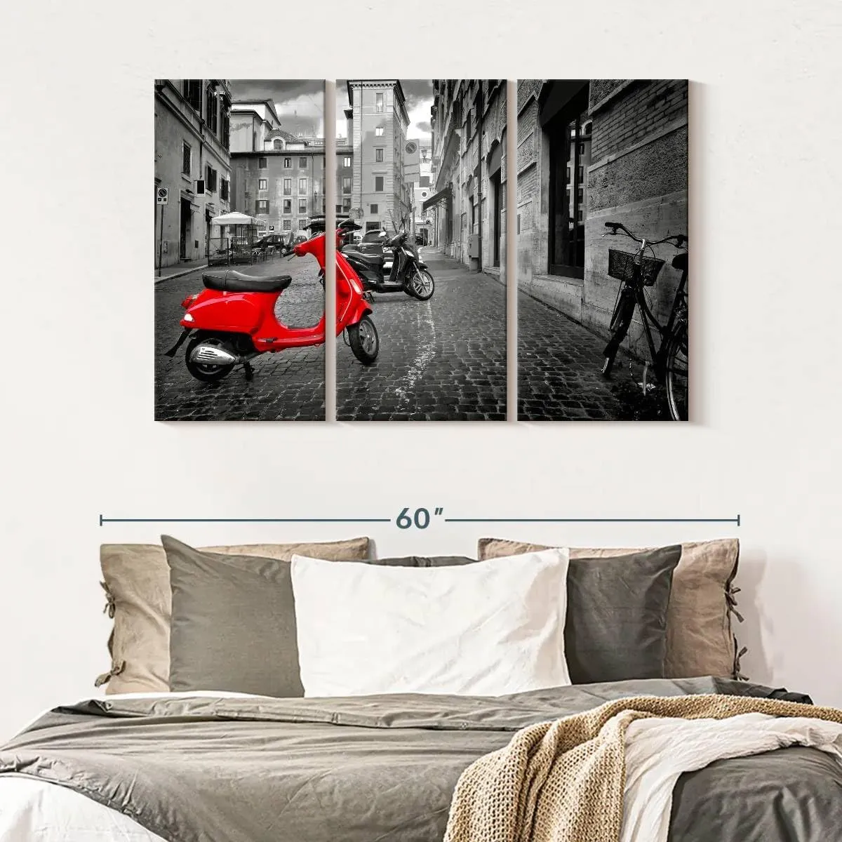 Elephant Stock - Red Vespa Pop Wall Art - Horizontal Multi Panel Canvas - 3 Piece Living Room Wall Decor - Photography City Multi Piece Wall Art - Red And Black Decor - 50" x 32"