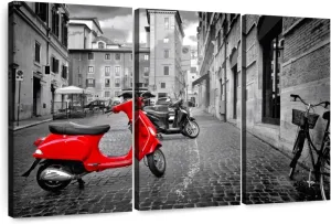 Elephant Stock - Red Vespa Pop Wall Art - Horizontal Multi Panel Canvas - 3 Piece Living Room Wall Decor - Photography City Multi Piece Wall Art - Red And Black Decor - 50" x 32"