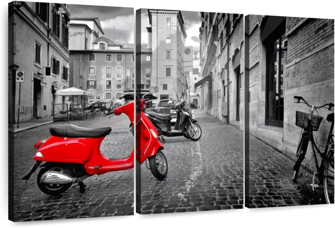 Elephant Stock - Red Vespa Pop Wall Art - Horizontal Multi Panel Canvas - 3 Piece Living Room Wall Decor - Photography City Multi Piece Wall Art - Red And Black Decor - 50" x 32"