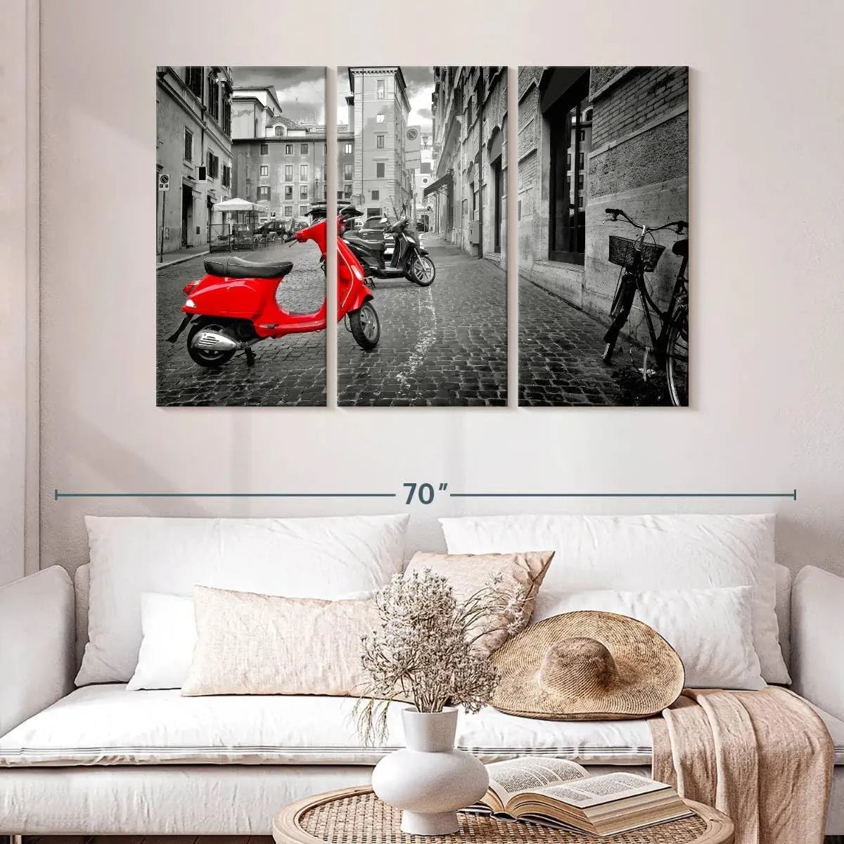 Elephant Stock - Red Vespa Pop Wall Art - Horizontal Multi Panel Canvas - 3 Piece Living Room Wall Decor - Photography City Multi Piece Wall Art - Red And Black Decor - 50" x 32"