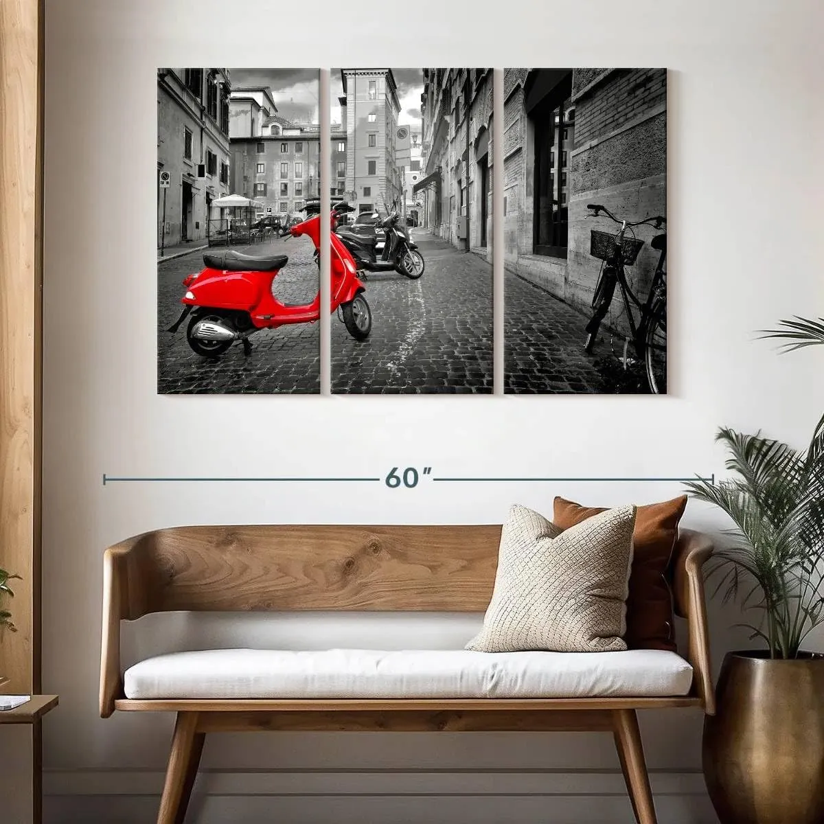 Elephant Stock - Red Vespa Pop Wall Art - Horizontal Multi Panel Canvas - 3 Piece Living Room Wall Decor - Photography City Multi Piece Wall Art - Red And Black Decor - 50" x 32"