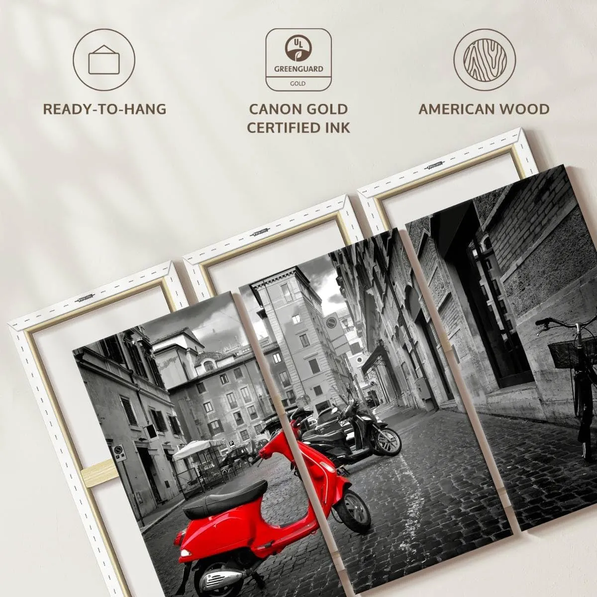 Elephant Stock - Red Vespa Pop Wall Art - Horizontal Multi Panel Canvas - 3 Piece Living Room Wall Decor - Photography City Multi Piece Wall Art - Red And Black Decor - 50" x 32"