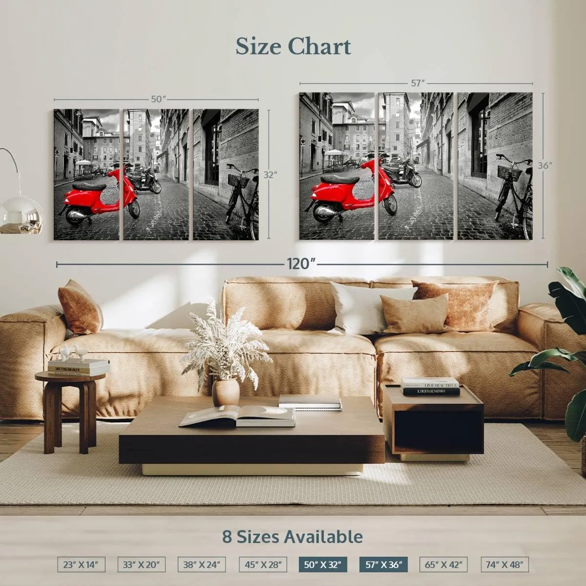 Elephant Stock - Red Vespa Pop Wall Art - Horizontal Multi Panel Canvas - 3 Piece Living Room Wall Decor - Photography City Multi Piece Wall Art - Red And Black Decor - 50" x 32"
