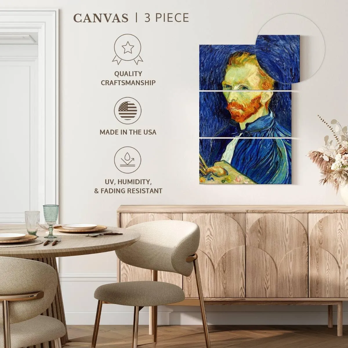 Elephant Stock - Self Portrait Iii 1889 Wall Art - Vertical Multi Panel Canvas - 3 Piece Living Room Wall Decor - Painting Famous Artists Multi Piece Wall Art - Gray And Blue Decor by Vincent Van Gogh - 28" x 45"