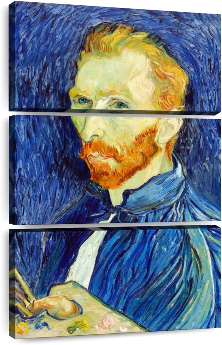 Elephant Stock - Self Portrait Iii 1889 Wall Art - Vertical Multi Panel Canvas - 3 Piece Living Room Wall Decor - Painting Famous Artists Multi Piece Wall Art - Gray And Blue Decor by Vincent Van Gogh - 28" x 45"