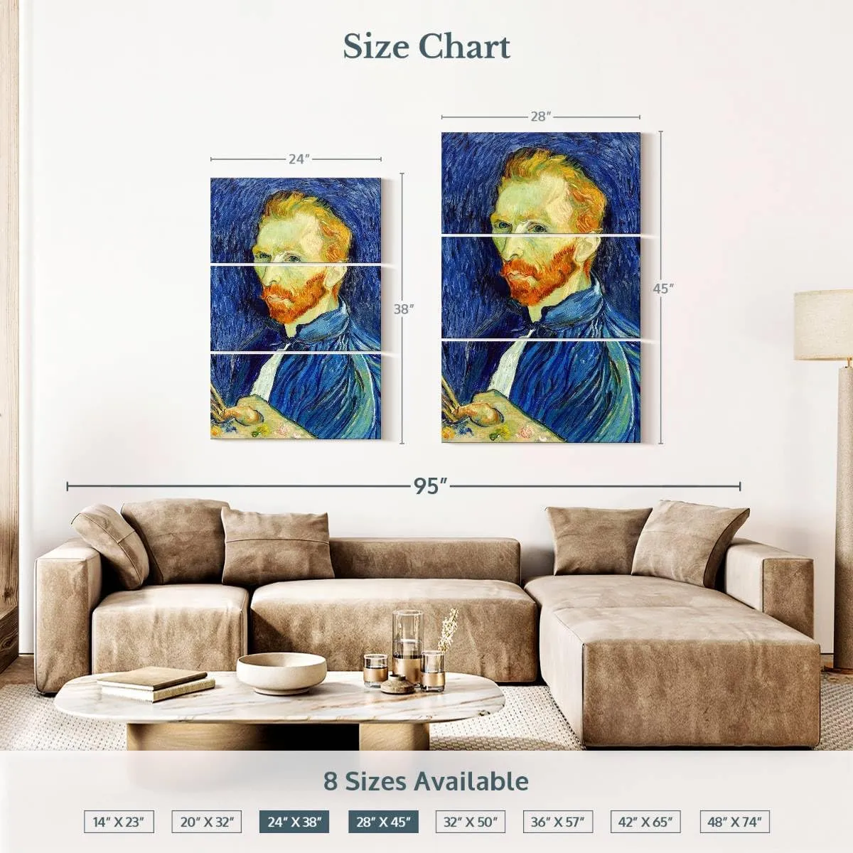 Elephant Stock - Self Portrait Iii 1889 Wall Art - Vertical Multi Panel Canvas - 3 Piece Living Room Wall Decor - Painting Famous Artists Multi Piece Wall Art - Gray And Blue Decor by Vincent Van Gogh - 28" x 45"
