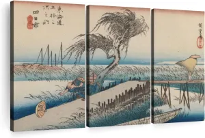 Elephant Stock Yokkaichi San Cho Kwa Station 44 Wall Art - Horizontal Canvas - 3-Piece Living Room Wall Decor - Asian Architecture Canvas Print - Beige and Blue Decor for Wall - by Utagawa Hiroshige - 33" X 20"