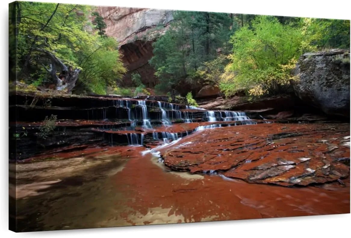 Elephant Stock - Zion Plateau The Subway Waterfall Wall Art - Horizontal Canvas Wall Art - Hallway Wall Decor - Photography Nature Canvas Art - Gray And Black Decor - 24" x 16"