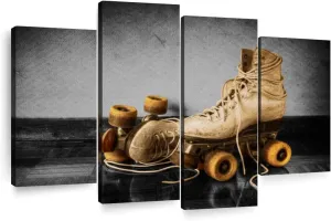 ElephantStock Vintage Skates Pop Multi Piece Canvas - 4 Panel Piece Sports Wall Decor - Wall Decor for Men, Black-Yellow Canvas Art - Vintage Sports Wall Art - 52" X 32"