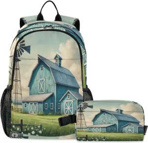 Emelivor Farm Windmill Field Kids Backpack for Girls Boys School Bookbag with Insulated Lunch Box for Preschool Primary School School Bookbag Set