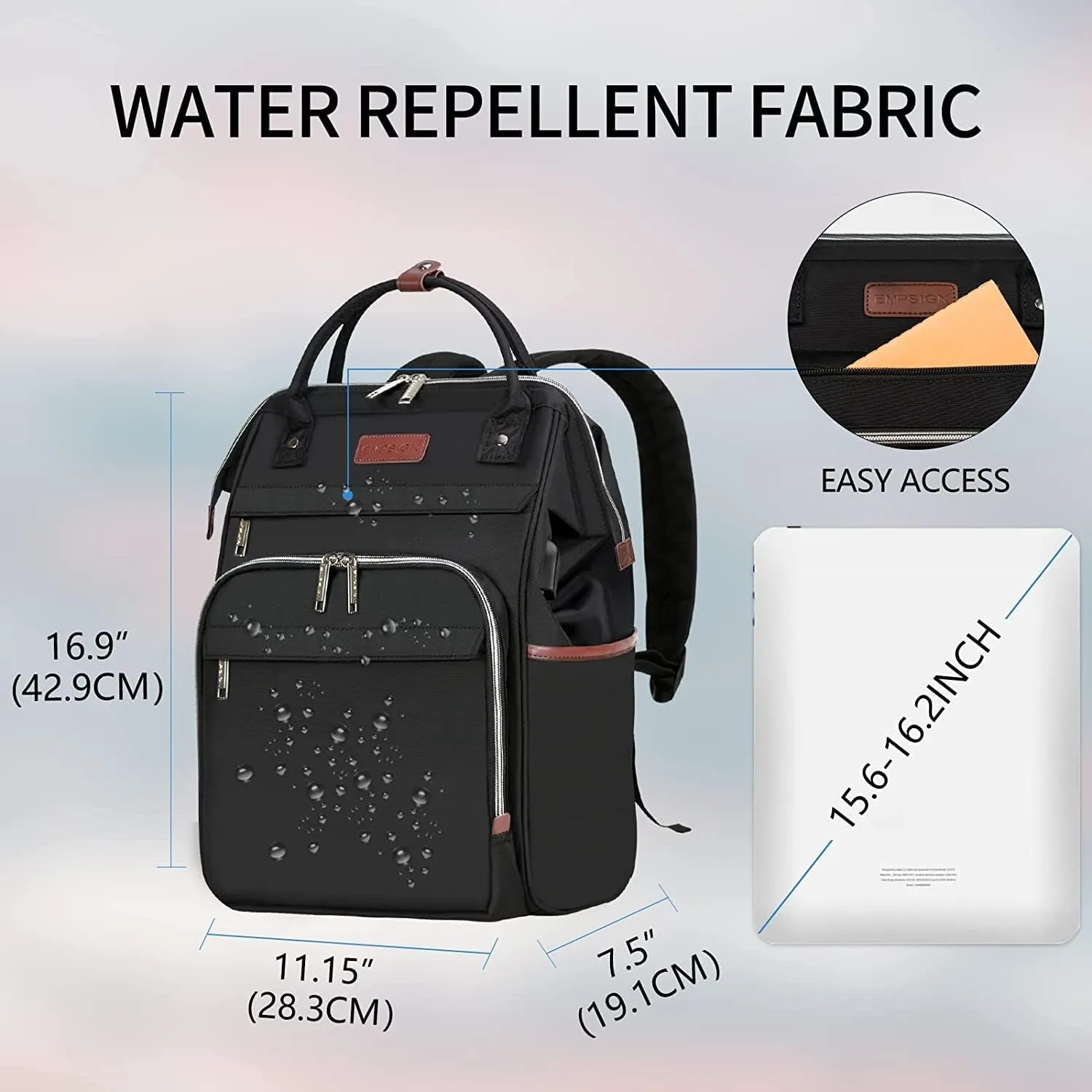 EMPSIGN 15.6 Inch Laptop Backpack for Women, Computer Travel Business Work Bag, Water Repellent College Casual Daypack with USB Port, Black