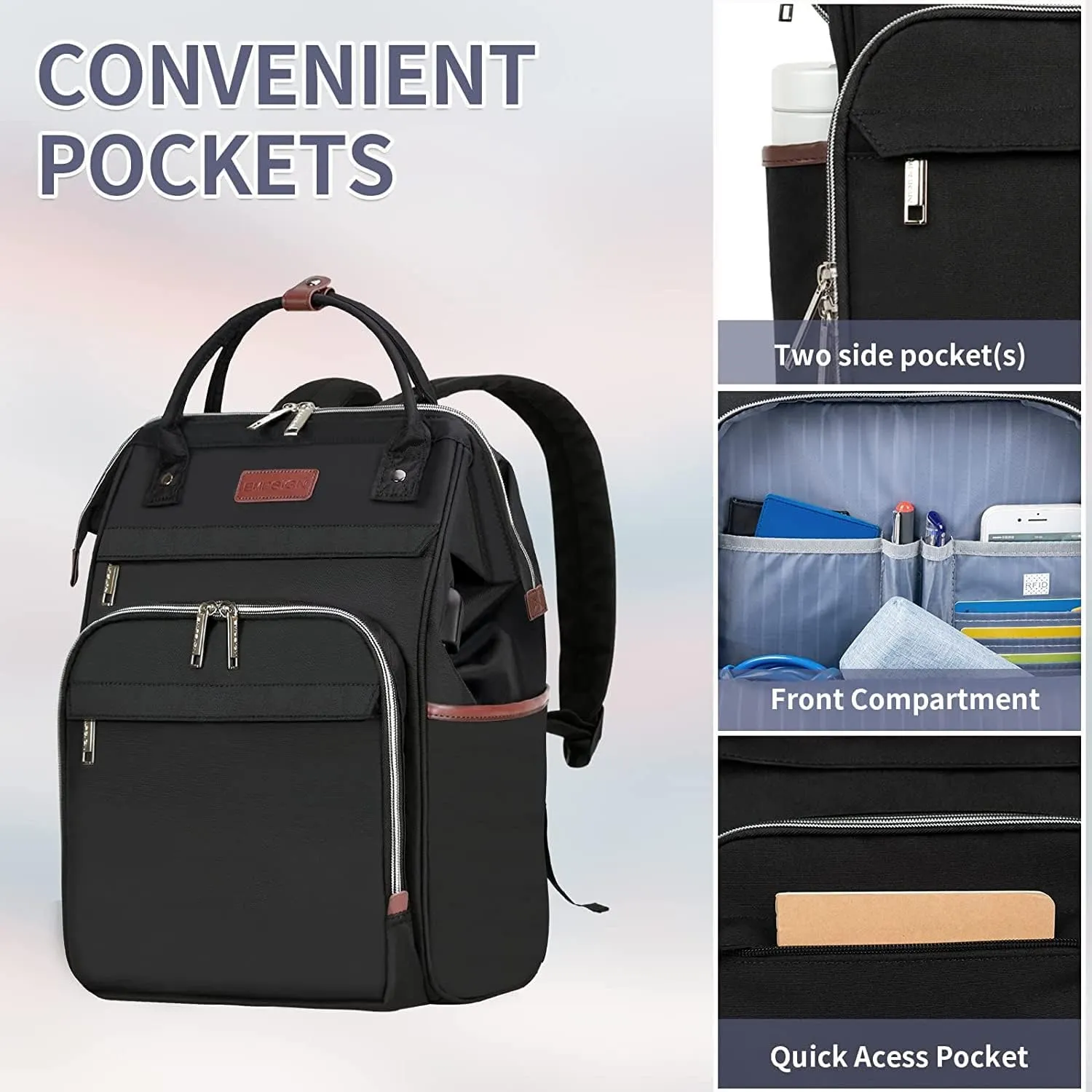 EMPSIGN 15.6 Inch Laptop Backpack for Women, Computer Travel Business Work Bag, Water Repellent College Casual Daypack with USB Port, Black
