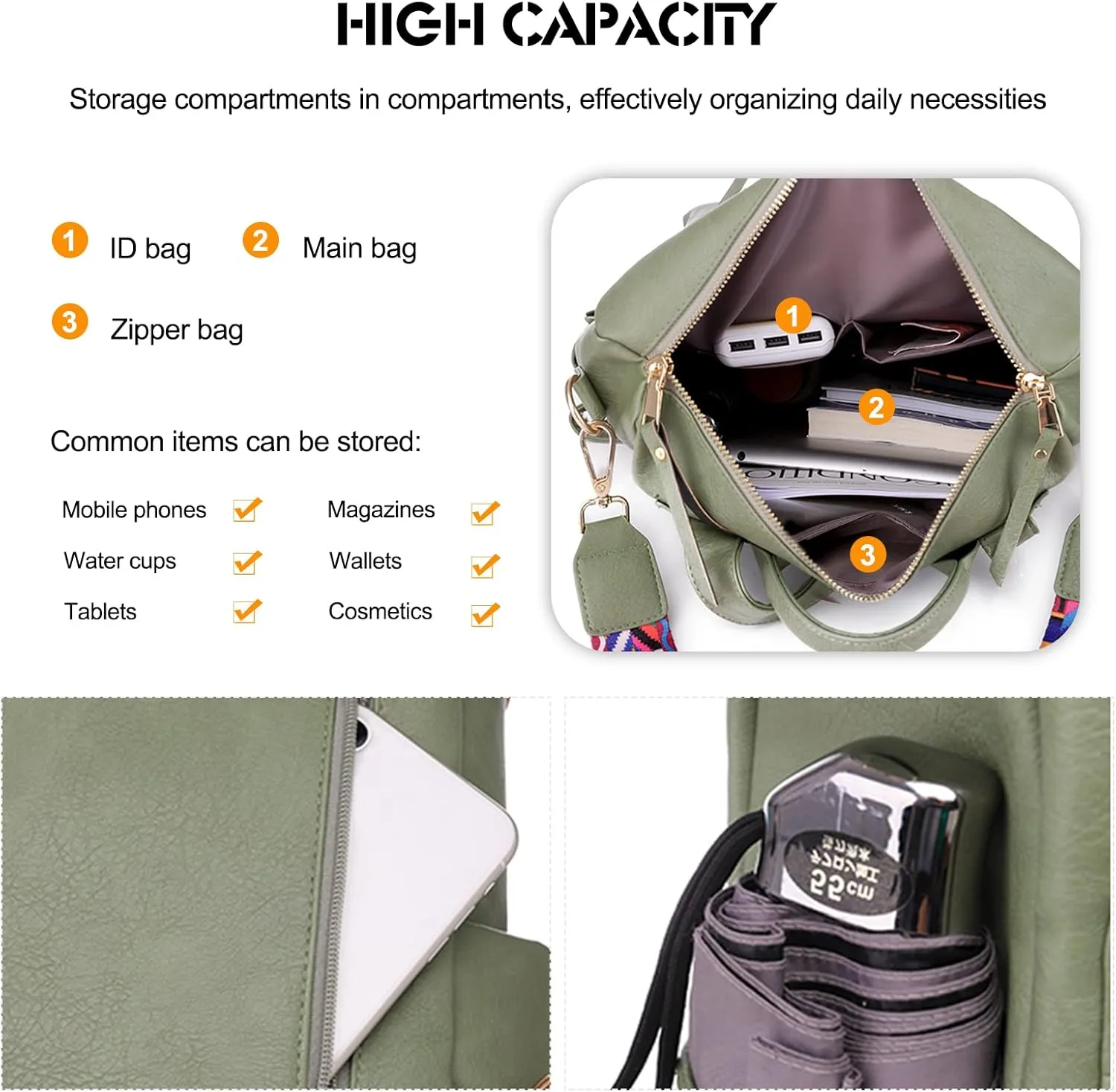 Ergocar Women Backpack, Ladies Fashion PU Leather Travel Backpack, Waterproof Anti-theft, Ladies Shoulder Bag with Detachable Strap, Women handbag with Multi-pocket compartment, for Ladies Teen Girls