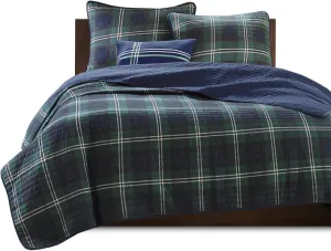 Ergode Reversible Quilt Set - Blue & Green Plaid Pattern - Includes Quilt, 2 Shams, & Decorative Pillow - Pre-Washed Cotton - Machine Washable - Antimicrobial Treatment - Cozy & Stylish Bedroom Decor