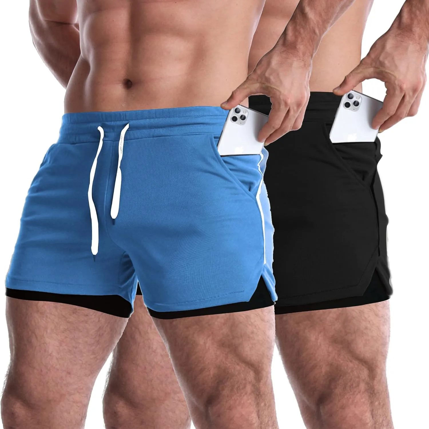 EVERWORTH Men's 2 in 1 Workout Shorts 5" Quick Dry Gym Shorts Bodybuilding Short Shorts Compression Shorts with Zipper Pocket