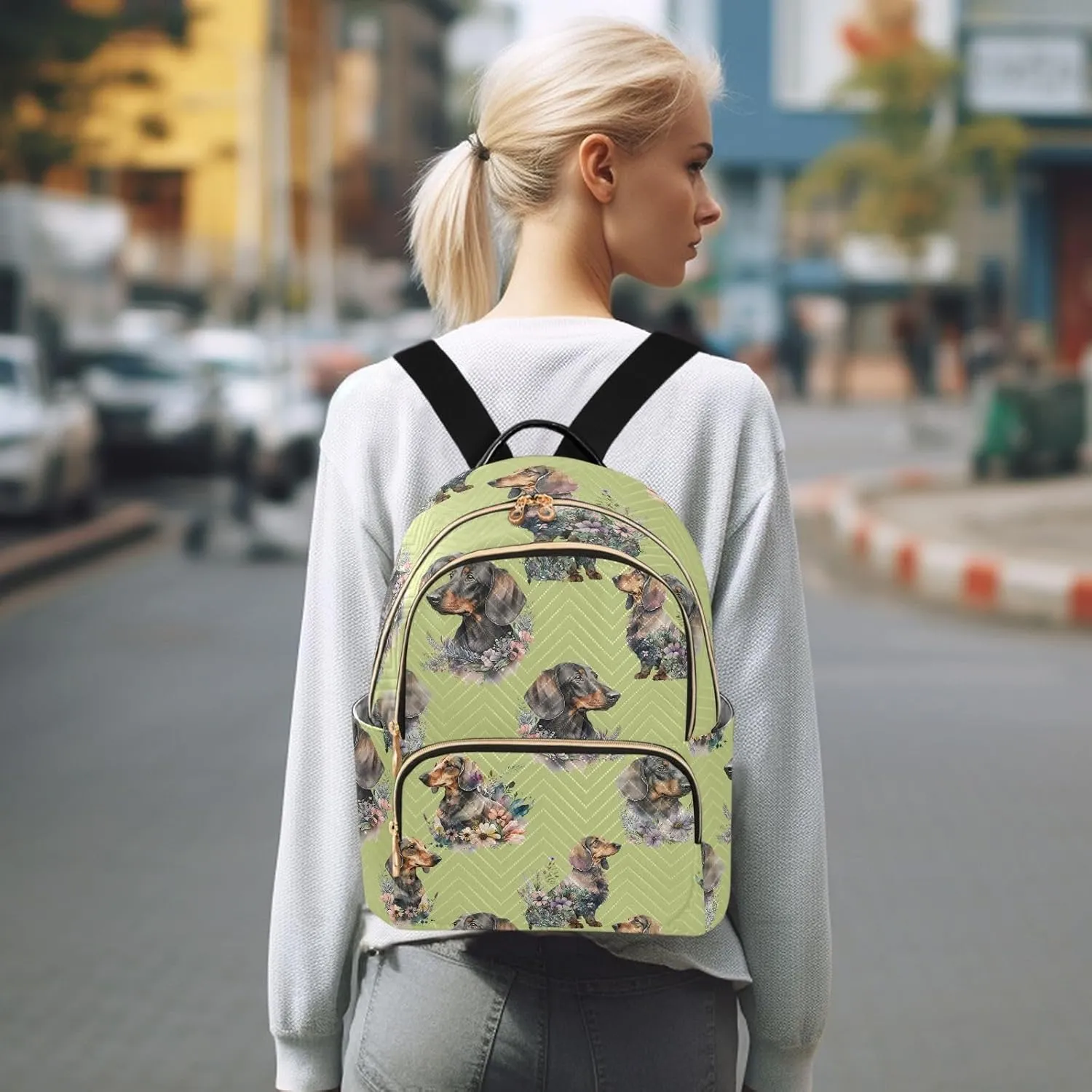 Exnundod Backpack Purse for Women Cute Dachshunds Flower, Mini Fashion Backpack Lightweight Casual Daypack Shoulder Bag Travel Backpack, Medium