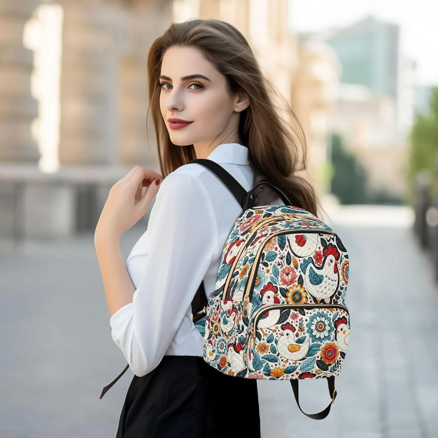 Exnundod Backpack Purse for Women Floral Chickens Colorful, Mini Fashion Backpack Cute Cartoon Lightweight Casual Daypack Shoulder Bag Travel Backpack, S