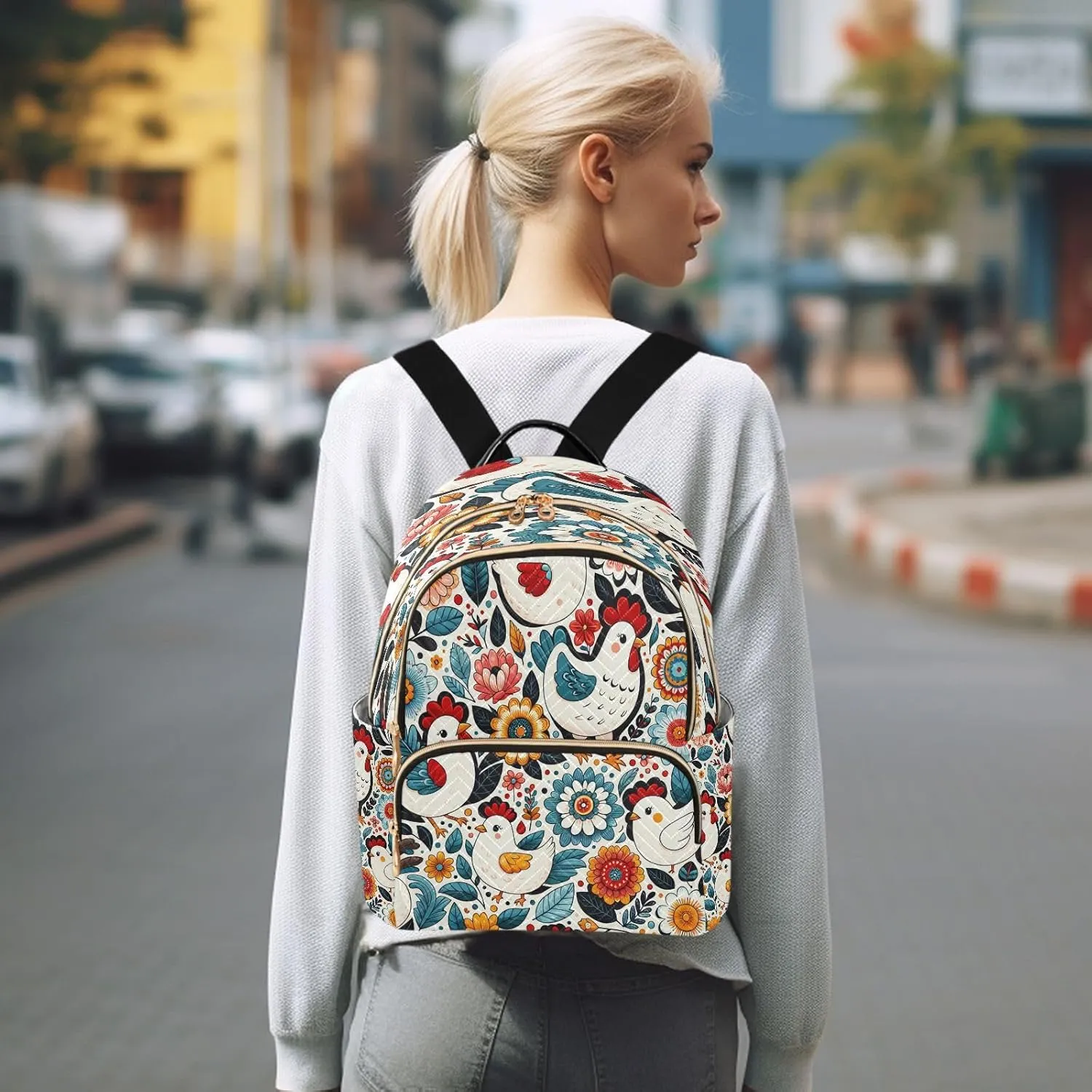 Exnundod Backpack Purse for Women Floral Chickens Colorful, Mini Fashion Backpack Cute Cartoon Lightweight Casual Daypack Shoulder Bag Travel Backpack, S