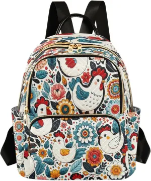 Exnundod Backpack Purse for Women Floral Chickens Colorful, Mini Fashion Backpack Cute Cartoon Lightweight Casual Daypack Shoulder Bag Travel Backpack, S
