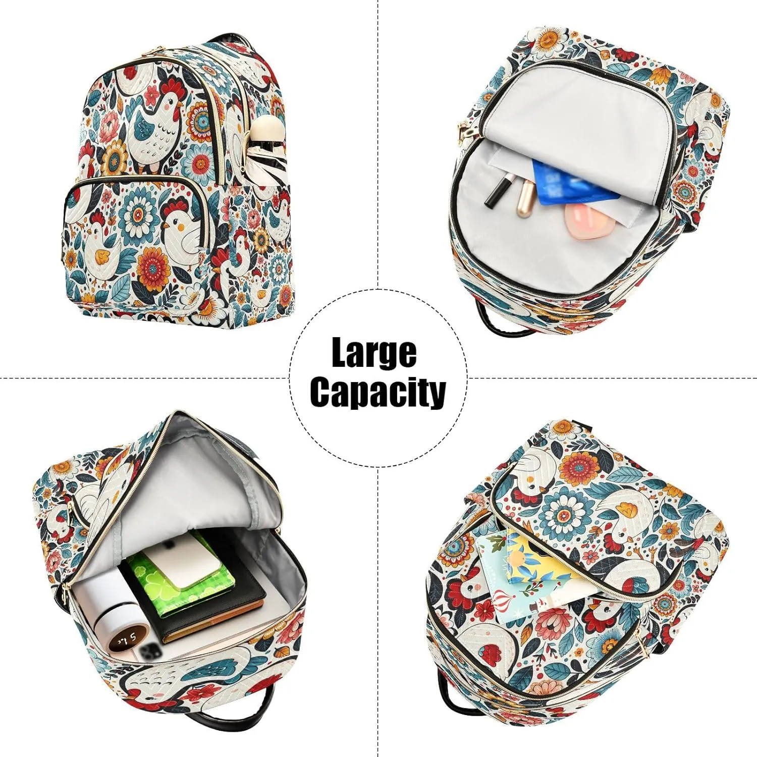 Exnundod Backpack Purse for Women Floral Chickens Colorful, Mini Fashion Backpack Cute Cartoon Lightweight Casual Daypack Shoulder Bag Travel Backpack, S