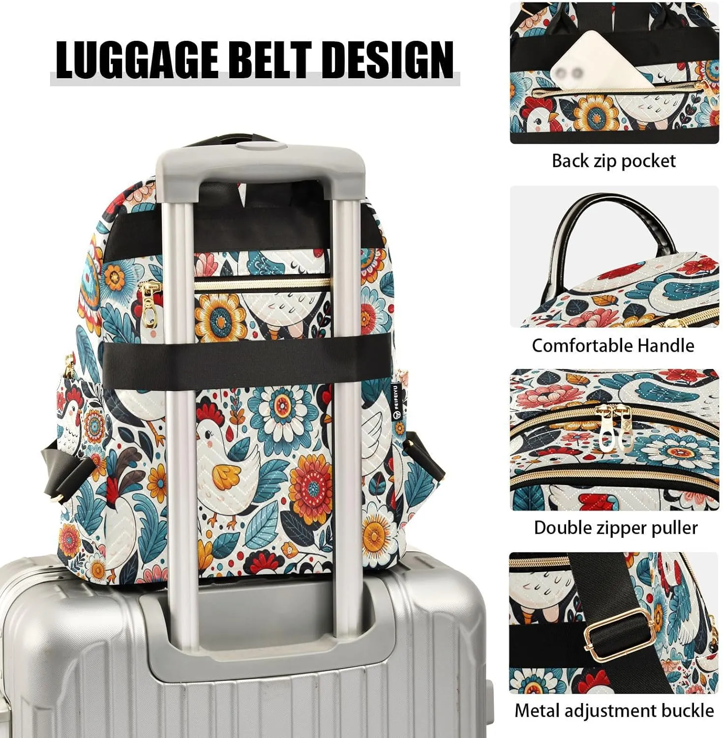 Exnundod Backpack Purse for Women Floral Chickens Colorful, Mini Fashion Backpack Cute Cartoon Lightweight Casual Daypack Shoulder Bag Travel Backpack, S
