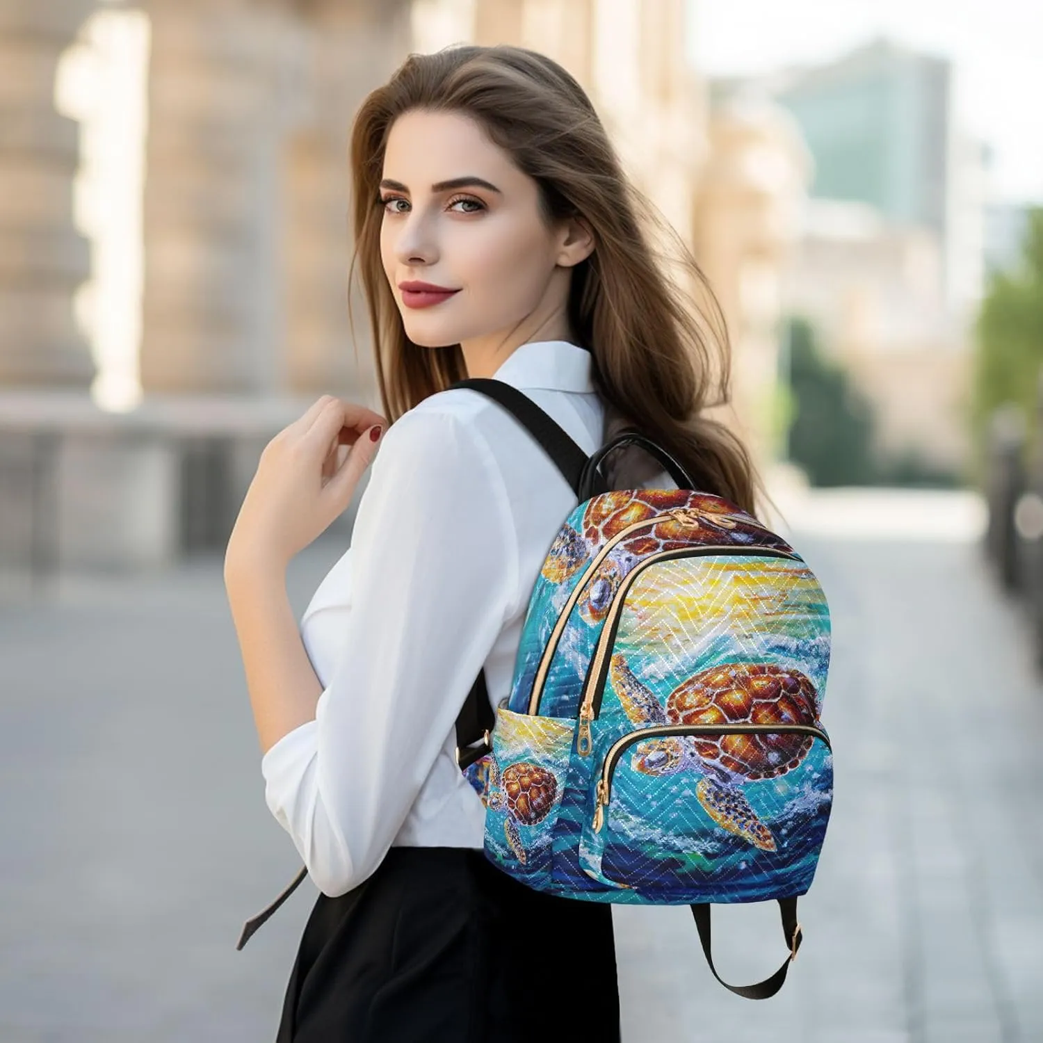 Exnundod Backpack Purse for Women Oil Painting Colorful Turtle, Mini Fashion Backpack Realism Style Lightweight Casual Daypack Shoulder Bag Travel Backpack, S