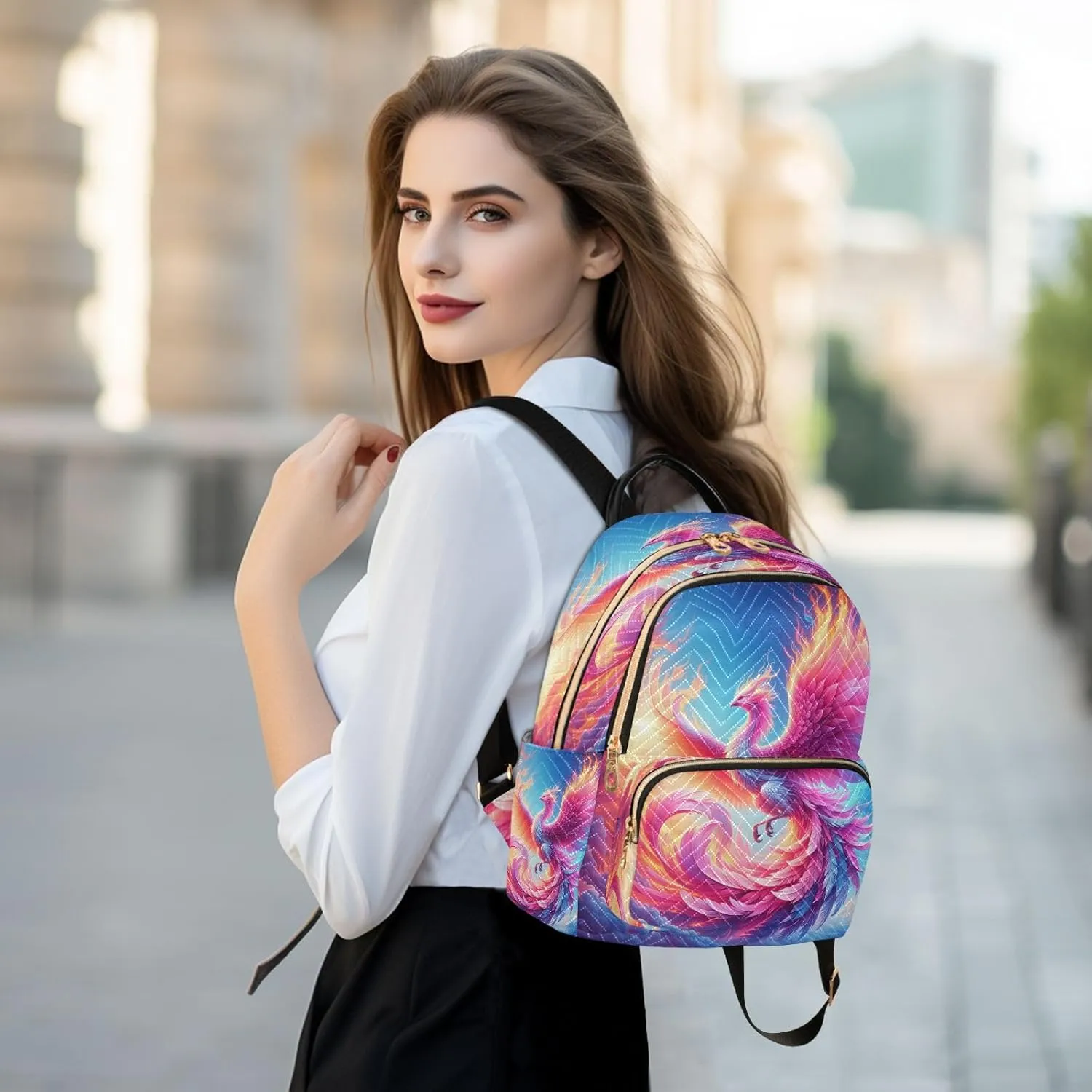 Exnundod Backpack Purse for Women Pink Phoenix Mini Backpack Casual Backpack Watercolor Print Travel Daypack,Medium