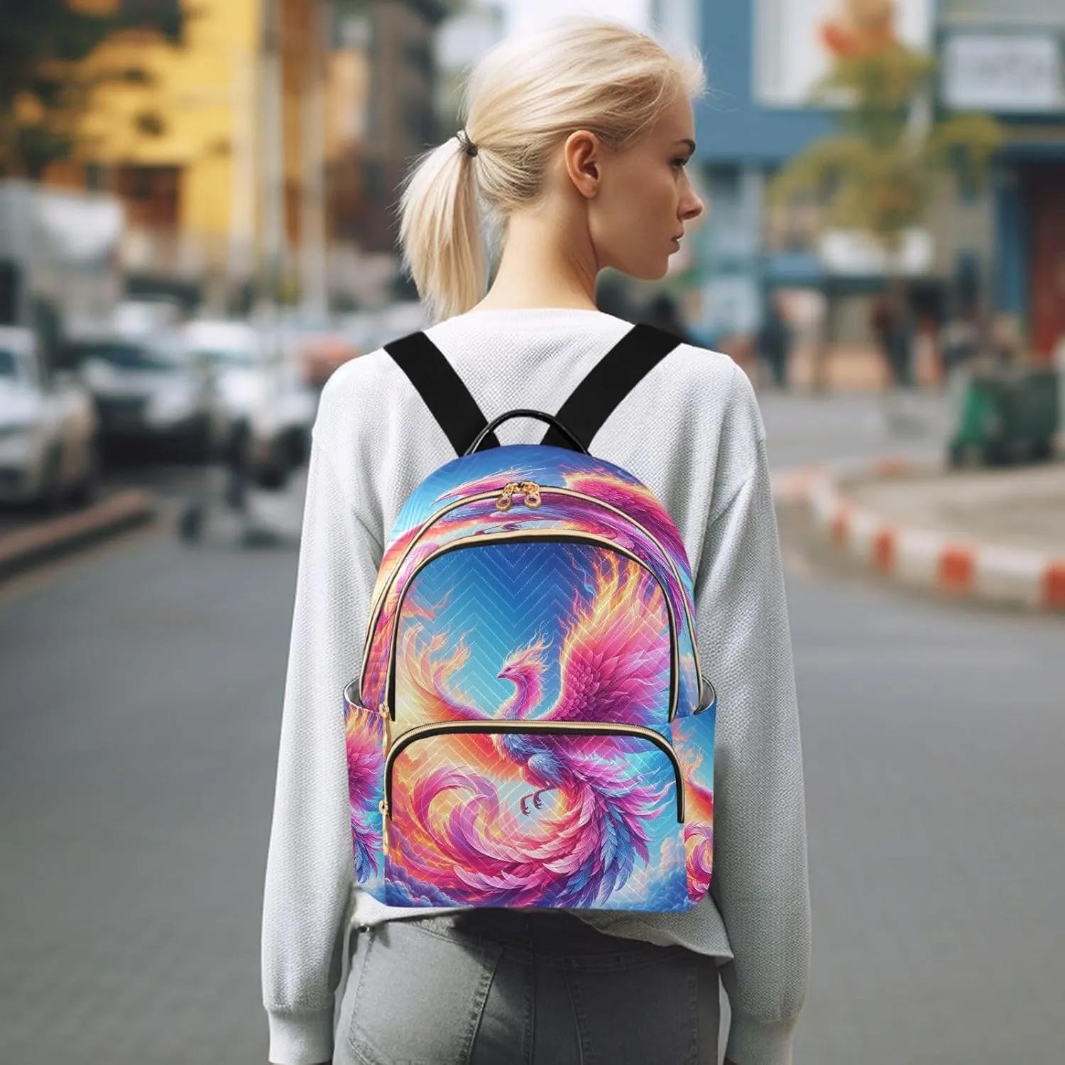 Exnundod Backpack Purse for Women Pink Phoenix Mini Backpack Casual Backpack Watercolor Print Travel Daypack,Medium